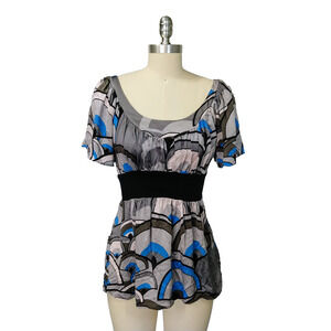 Vintage 00s Milkmaid Top Size S 100% Silk Hype Trashy Y2K Short Sleeve Blue Gray